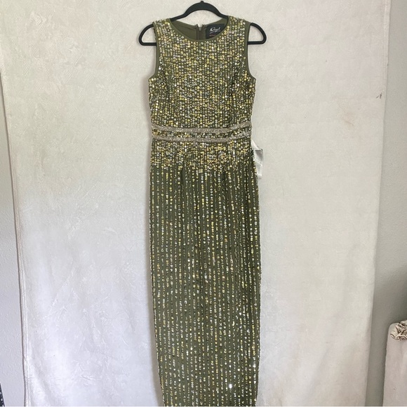 Mac Duggal NWT Sequined High Neck Sleeveless Column Gown Olive Green Sz 6 93603 - Picture 6 of 16